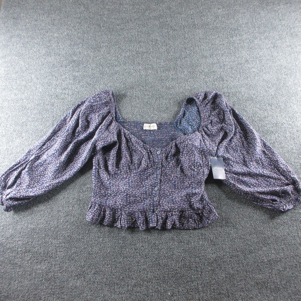 Lucky Brand Blouse Womens M Blue Floral Cropped Balloon Sleeve Ruffle Hem‎
